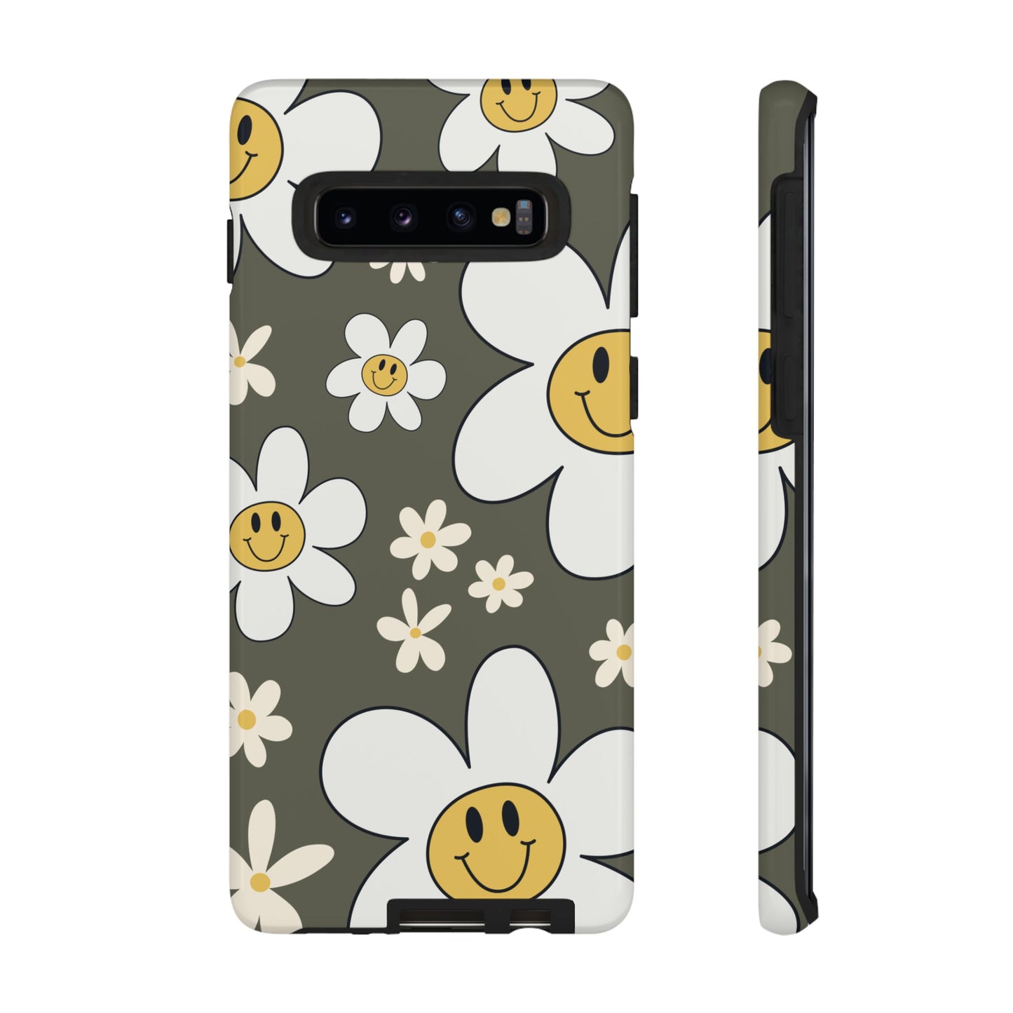 Samsung Galaxy S10 / Glossy Phone Case - Fun Retro Daisy Pattern with Olive Green Background Phone Case