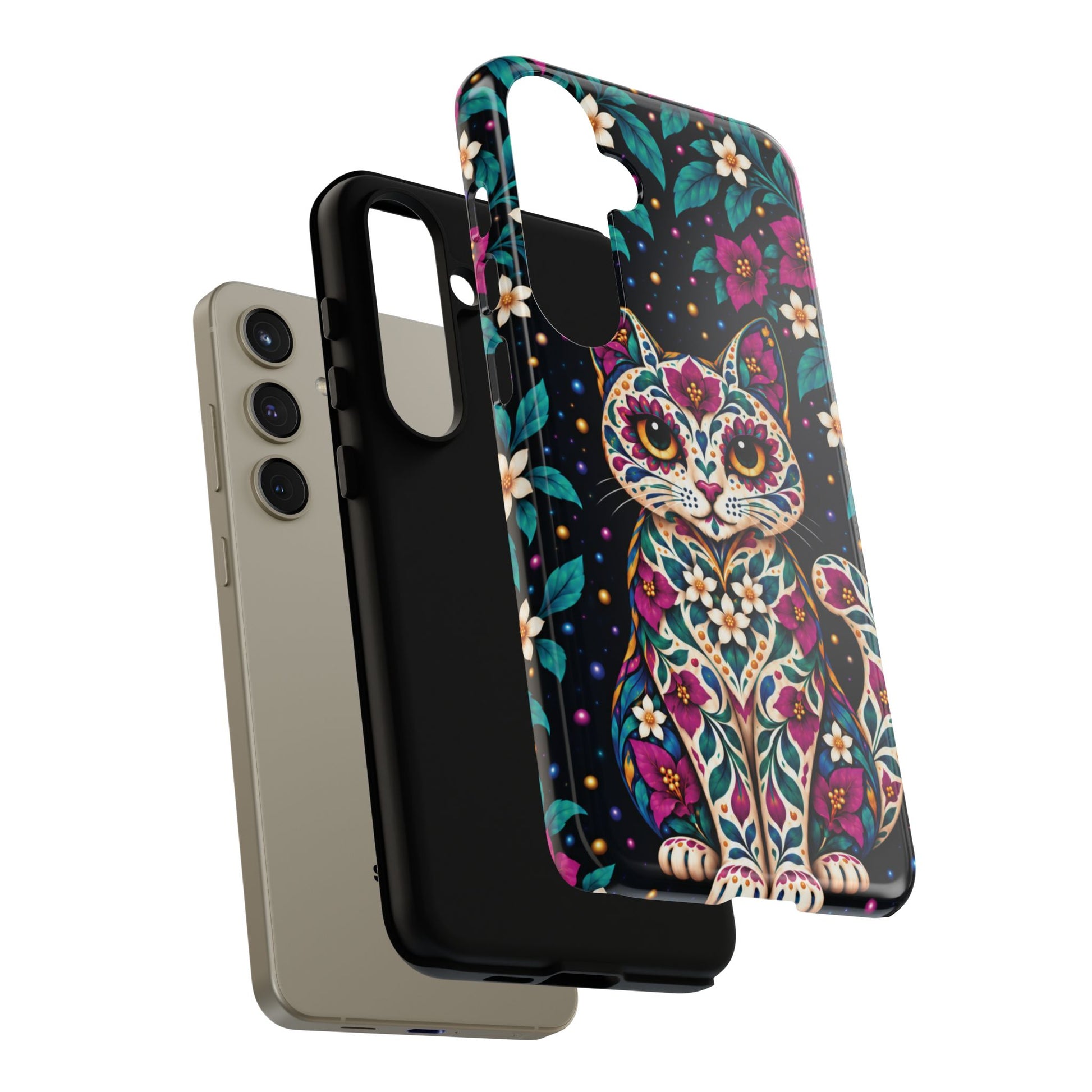 Vibrant Purple and Teal Calavera Cat Phone Case - Multicolor Phone Case