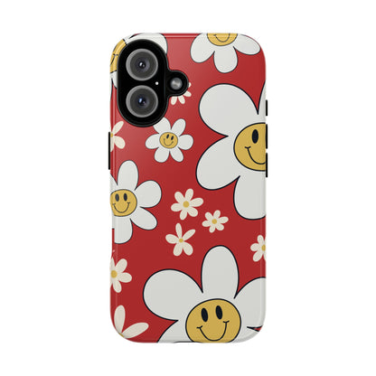 iPhone 16 / Glossy Phone Case - Fun Retro Daisy Pattern with Red Background Phone Case