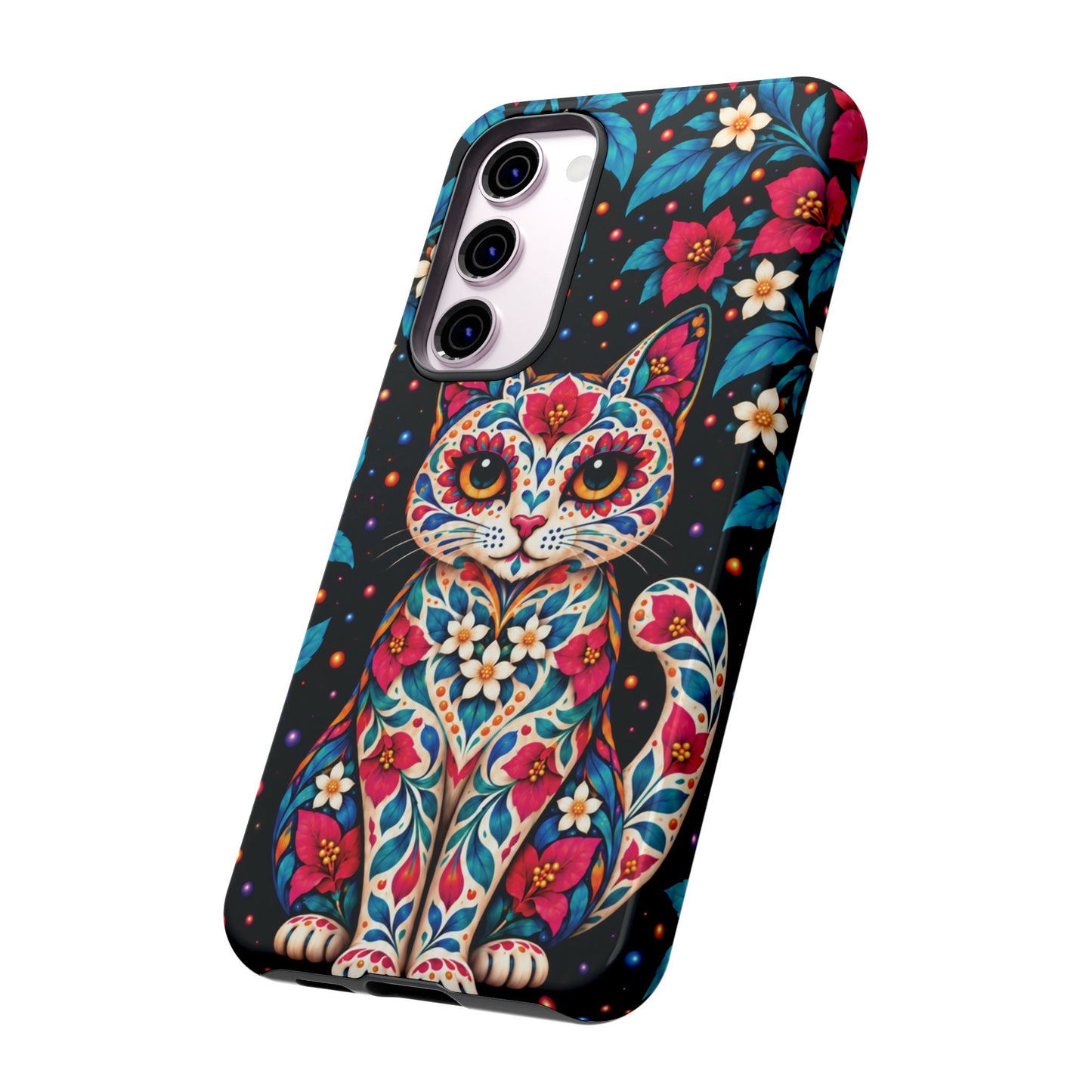 Vibrant Pink and Turquoise Calavera Cat Phone Case - Multicolor Phone Case