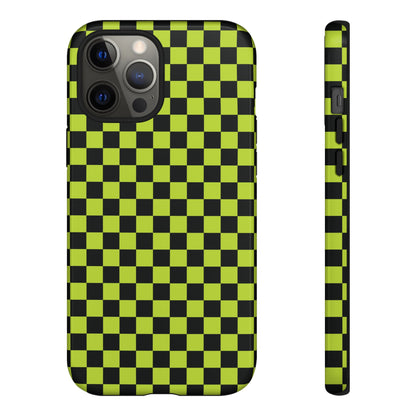 iPhone 12 Pro Max / Glossy Phone Case - Trendy Neon Lime Green & Plum Small Checked Pattern Phone Case