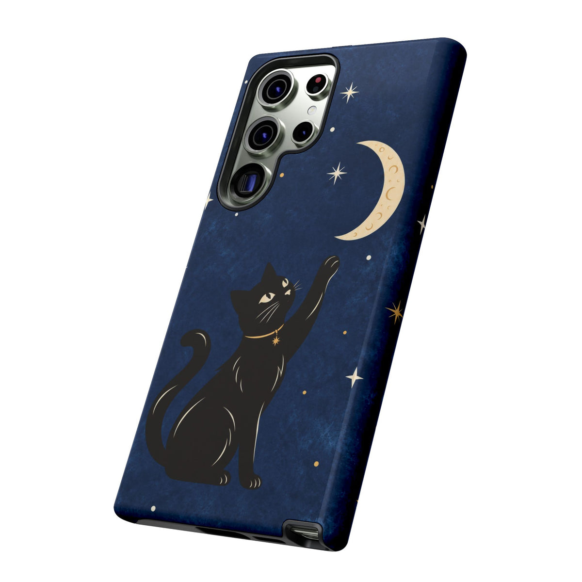 Whimsical Navy Blue Celestial Black Cat Phone Case