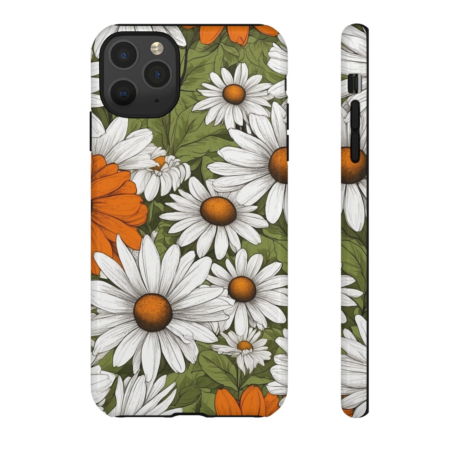 iPhone 11 Pro Max / Glossy Phone Case - Boho Chic Daisies Floral Pattern ’White Orange & Green’ Phone Case