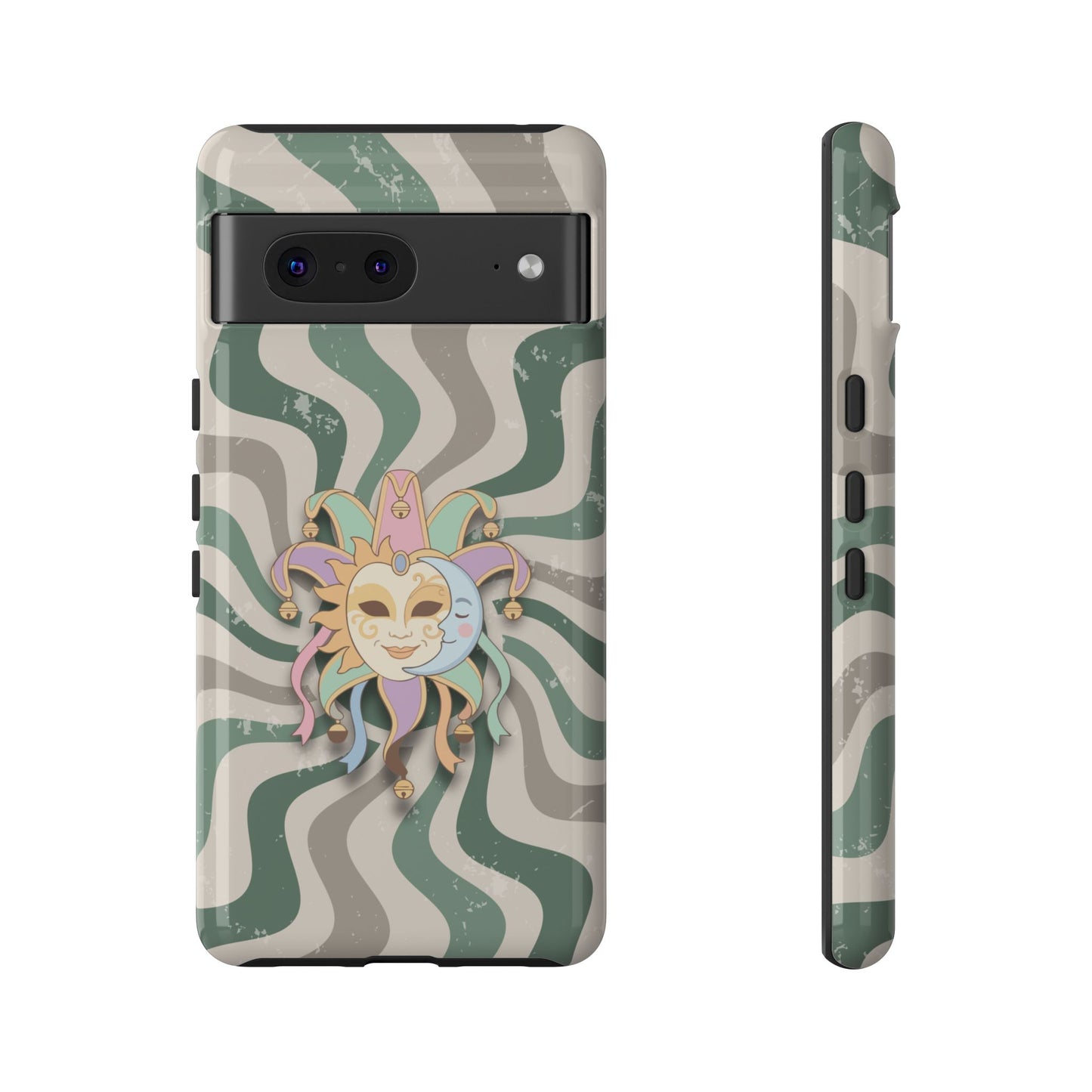 Google Pixel 7 / Glossy Phone Case - Sun & Moon Jester Mask – Green Retro Wave Phone Case