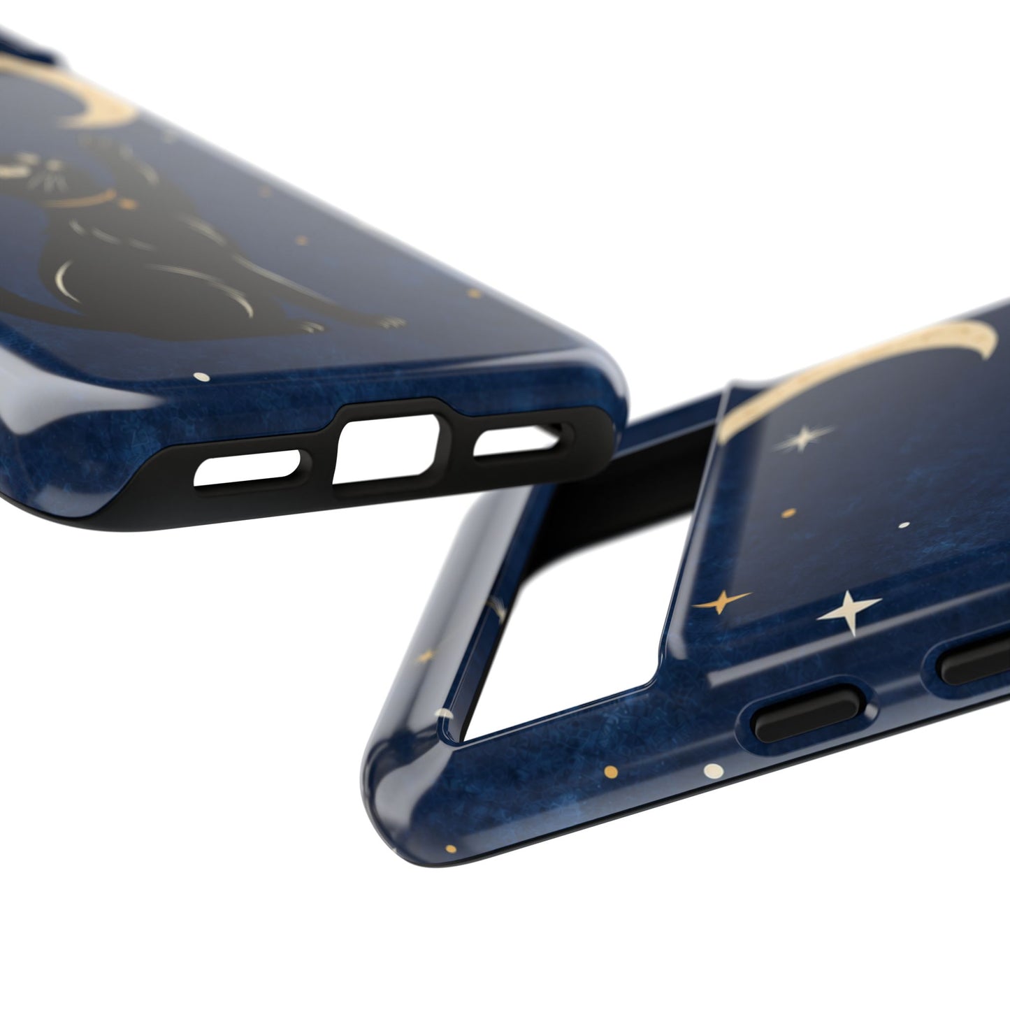 Whimsical Navy Blue Celestial Black Cat Phone Case