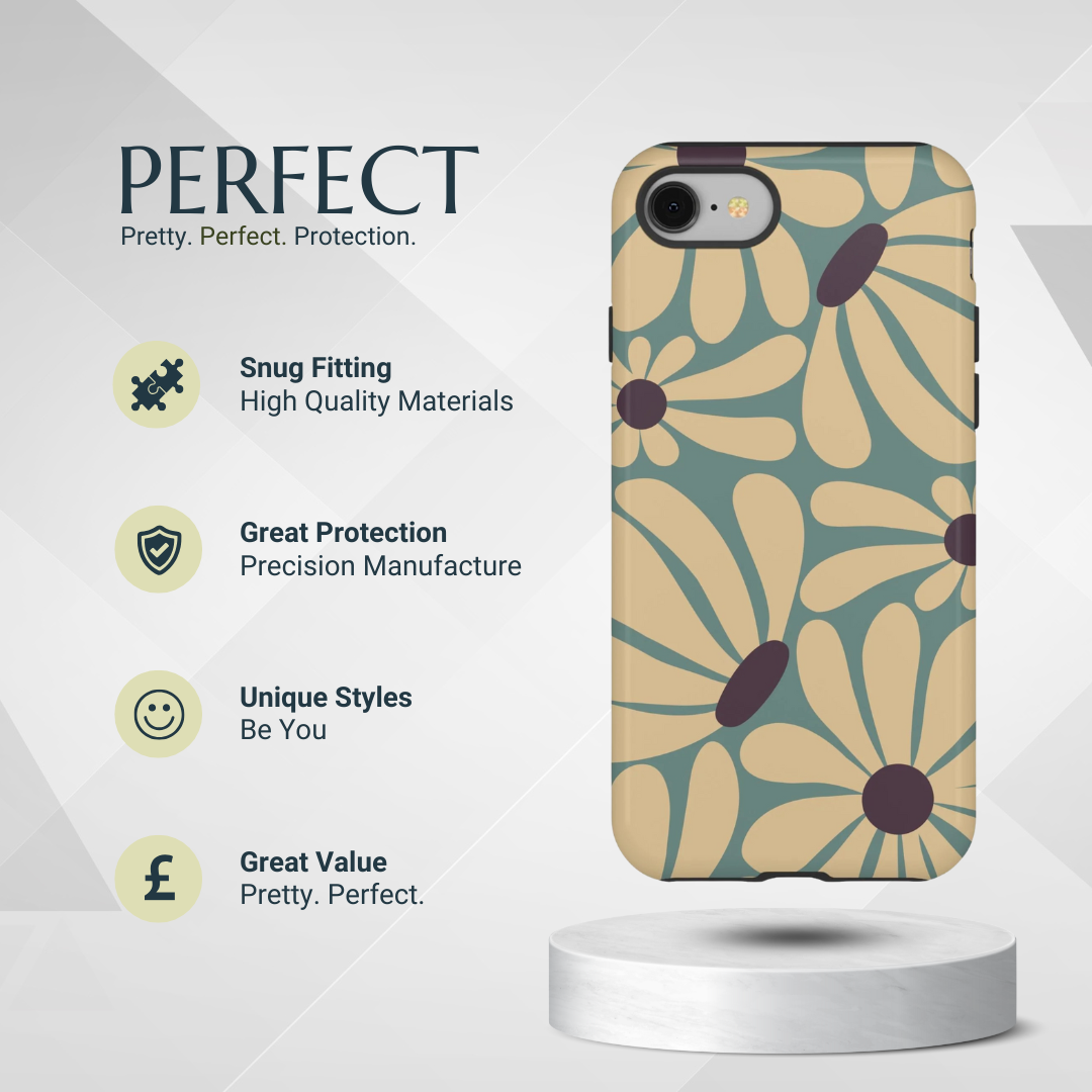 Phone Case - Retro Cream & Blue Daisy Pattern Phone Case