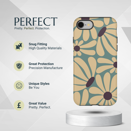 Phone Case - Retro Cream & Blue Daisy Pattern Phone Case
