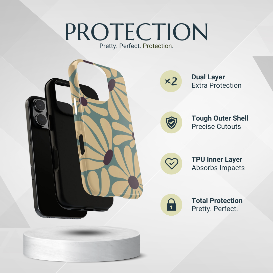 Phone Case - Retro Cream & Blue Daisy Pattern Phone Case