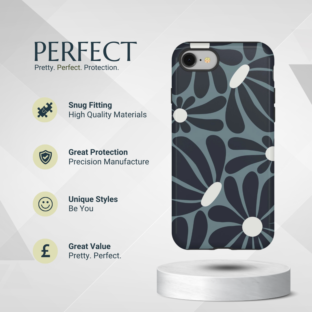 Phone Case - Retro Navy Blue & White Daisy Pattern Phone Case