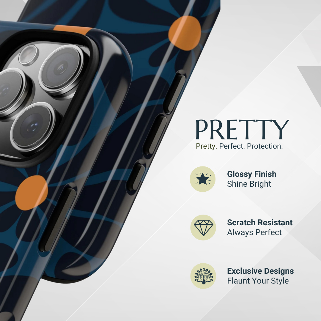 Phone Case - Dark Blue & Orange Daisy Pattern Phone Case