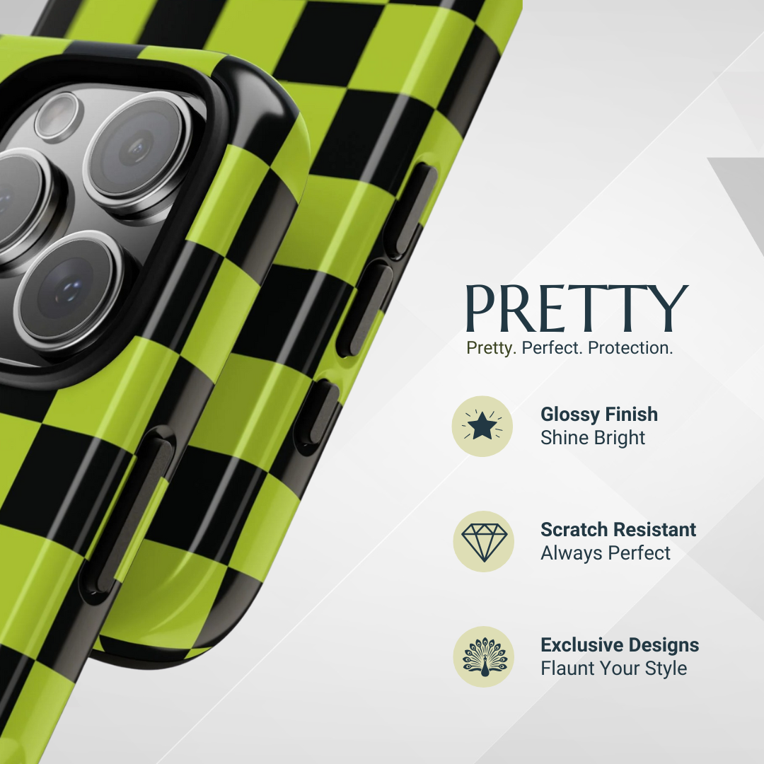 Phone Case - Trendy Neon Lime Green & Black Checked Pattern Phone Case