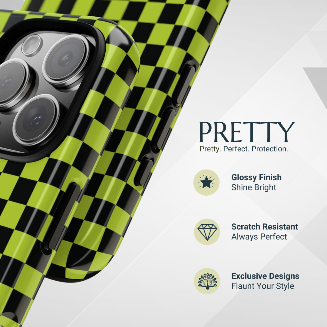 Phone Case - Trendy Neon Lime Green & Plum Small Checked Pattern Phone Case