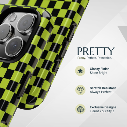 Phone Case - Trendy Neon Lime Green & Plum Small Checked Pattern Phone Case