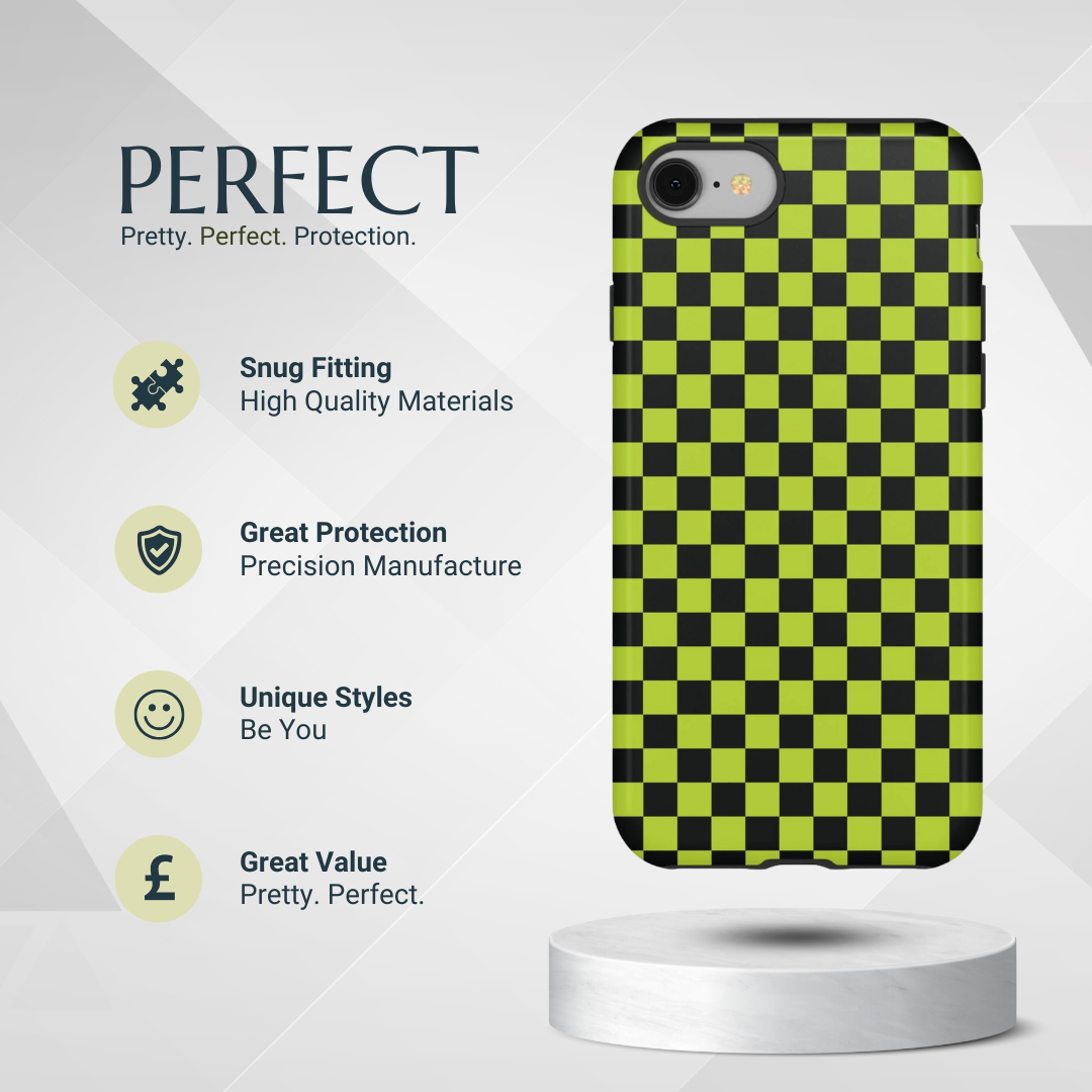 Phone Case - Trendy Neon Lime Green & Plum Small Checked Pattern Phone Case