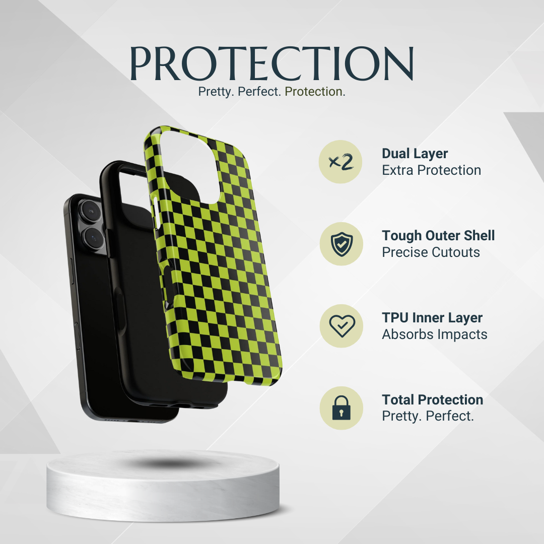 Phone Case - Trendy Neon Lime Green & Plum Small Checked Pattern Phone Case