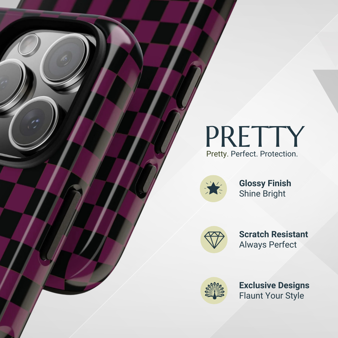 Phone Case - Trendy Plum & Black Small Checked Pattern Phone Case