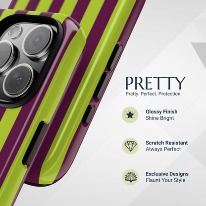 Phone Case - Trendy Neon Lime Green & Plum Stripe Pattern Phone Case
