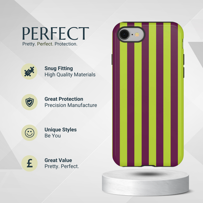 Phone Case - Trendy Neon Lime Green & Plum Stripe Pattern Phone Case