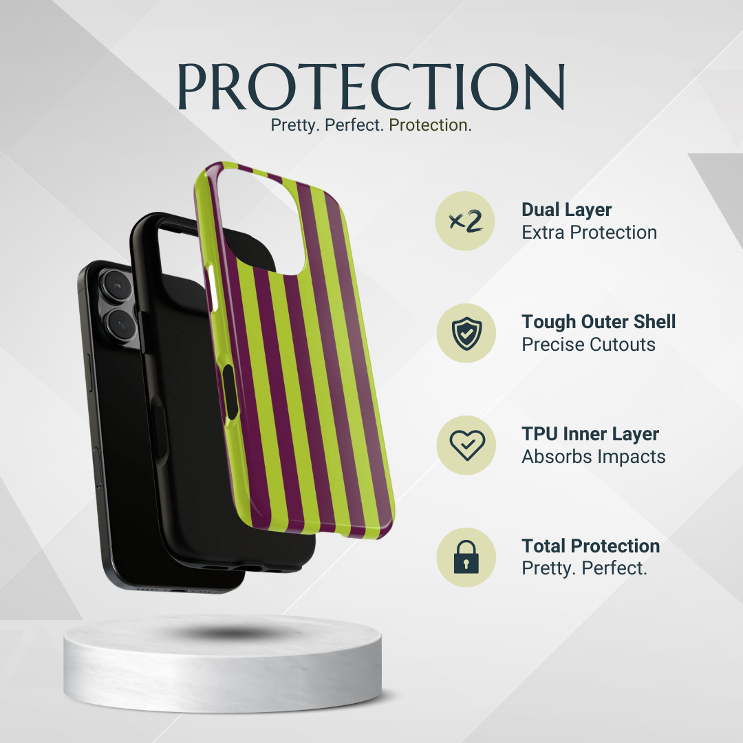 Phone Case - Trendy Neon Lime Green & Plum Stripe Pattern Phone Case