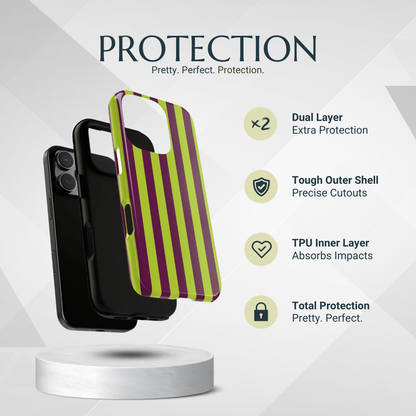 Phone Case - Trendy Neon Lime Green & Plum Stripe Pattern Phone Case