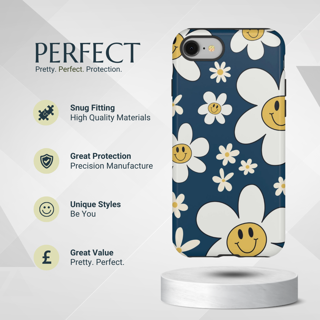 Fun Retro Daisy Pattern with Blue Background Phone Case - Blue Phone Case