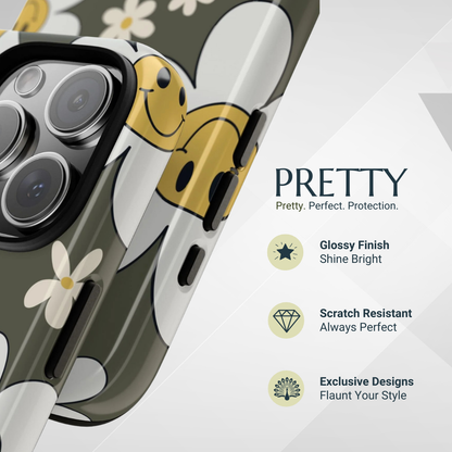 Phone Case - Fun Retro Daisy Pattern with Olive Green Background Phone Case