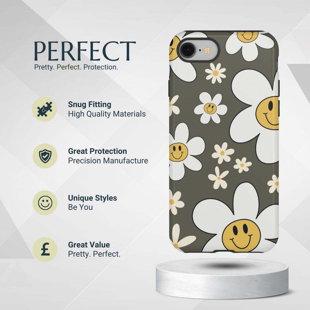 Phone Case - Fun Retro Daisy Pattern with Olive Green Background Phone Case