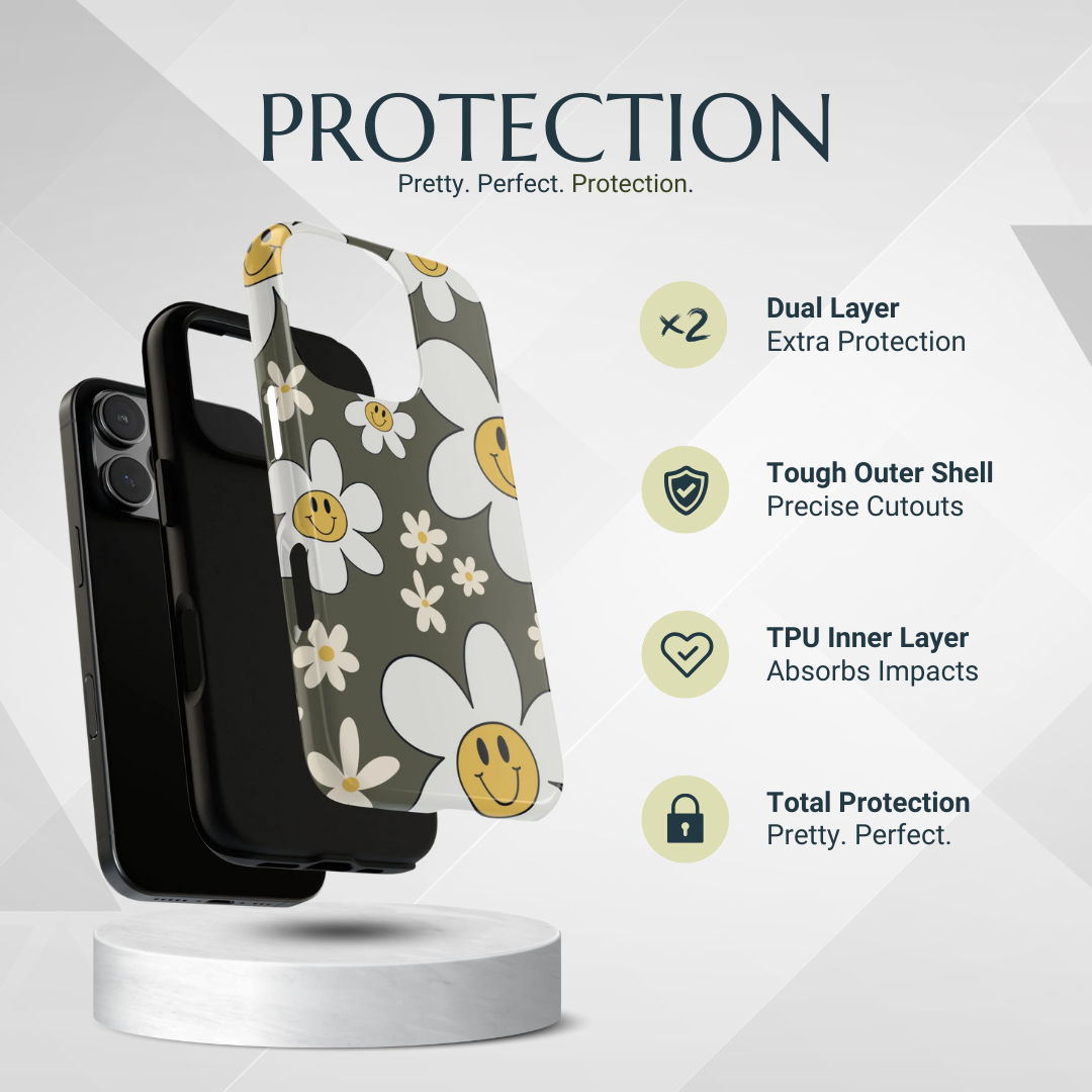 Phone Case - Fun Retro Daisy Pattern with Olive Green Background Phone Case