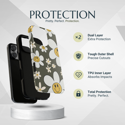 Phone Case - Fun Retro Daisy Pattern with Olive Green Background Phone Case