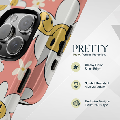 Fun Retro Daisy Pattern with Pink Background Phone Case - Pink Phone Case