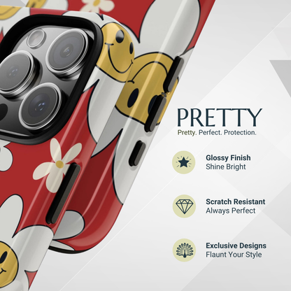 Phone Case - Fun Retro Daisy Pattern with Red Background Phone Case