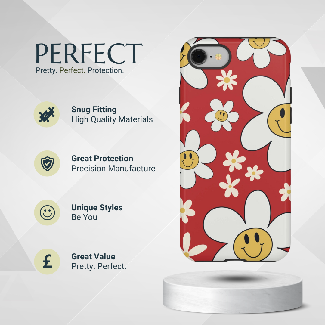 Phone Case - Fun Retro Daisy Pattern with Red Background Phone Case