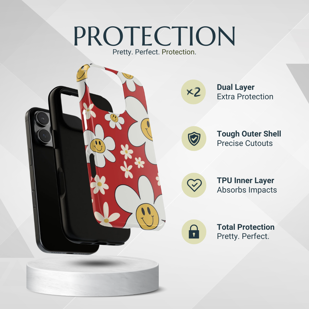 Phone Case - Fun Retro Daisy Pattern with Red Background Phone Case